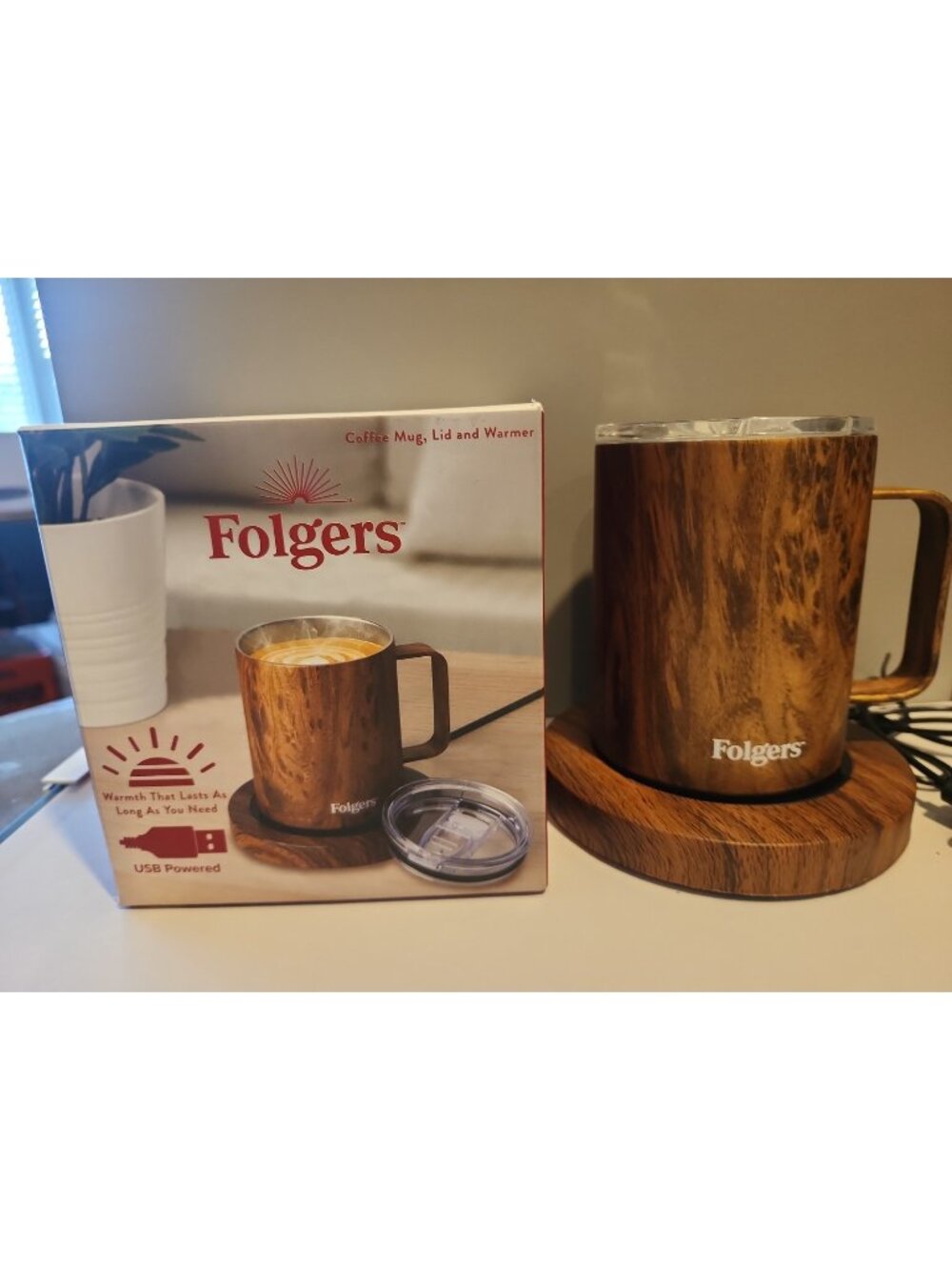 NIOB~FOLGER'S~Coffee Mug, Lid & Warmer~Electric USB Hot Plate~Wood Grain Look